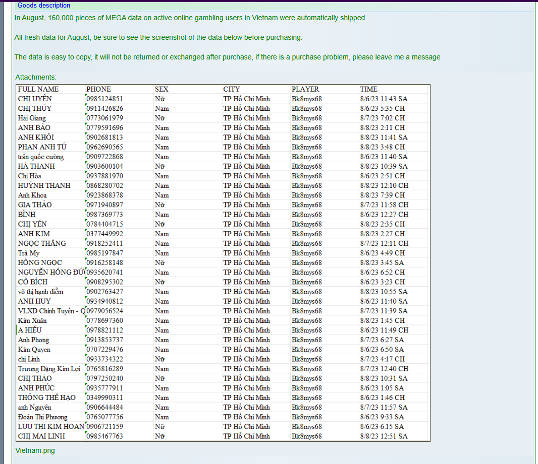 越南涉嫌出售在线赌博用户数据-xLab 威胁情报
