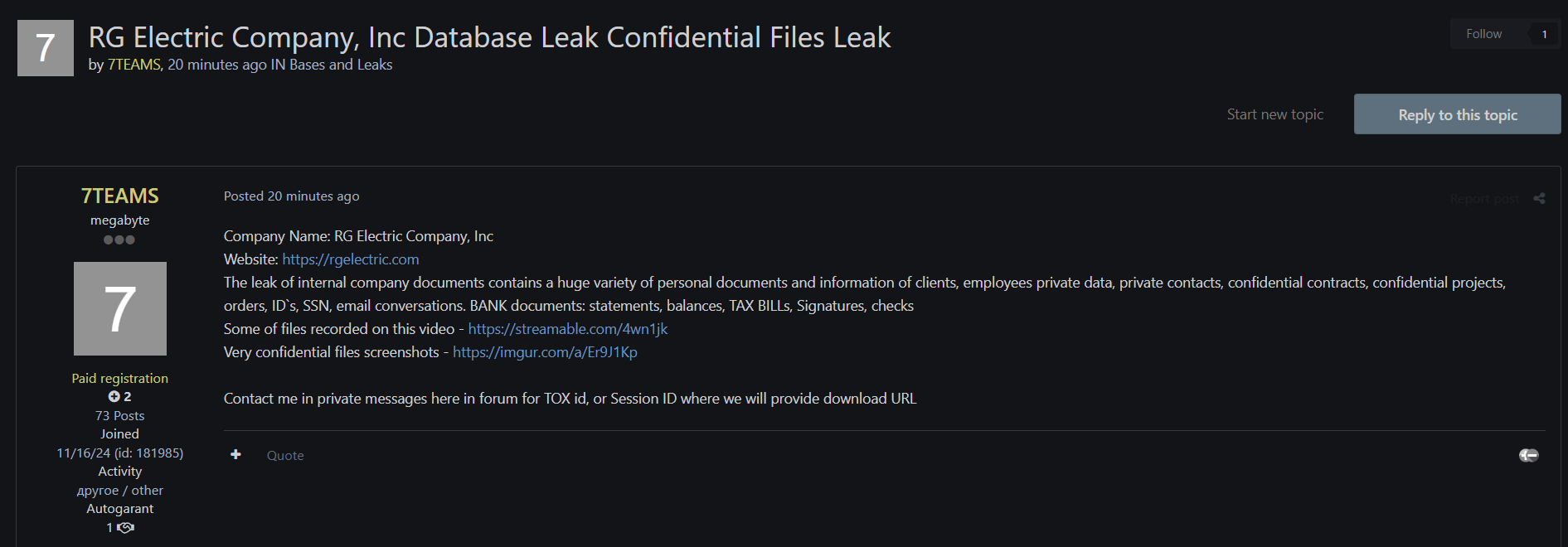 RG电气公司涉嫌数据外泄-xLab 威胁情报