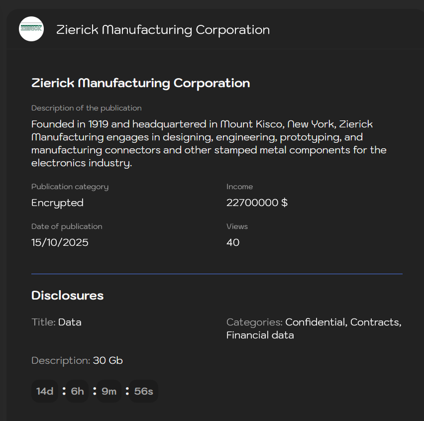 Zierick Manufacturing成为Sinobi勒索软件的受害者-xLab 威胁情报