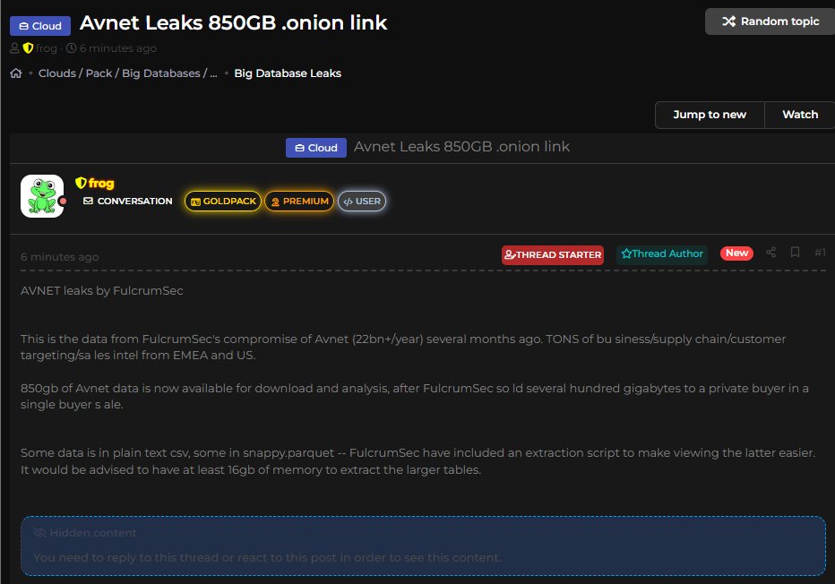 安富利涉嫌泄露850GB数据-xLab 威胁情报