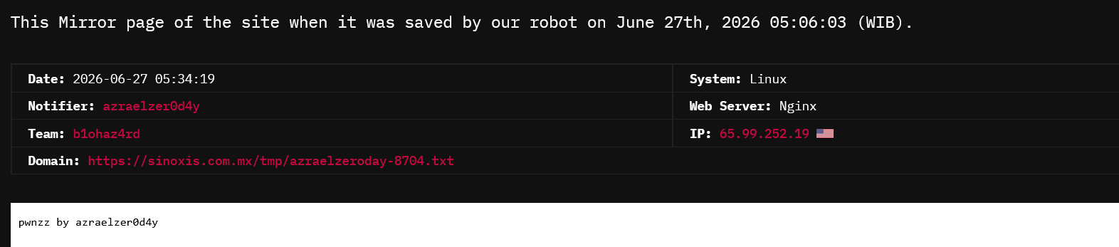 azraelzer0d4y targets the website of Sinoxis-xLab 威胁情报