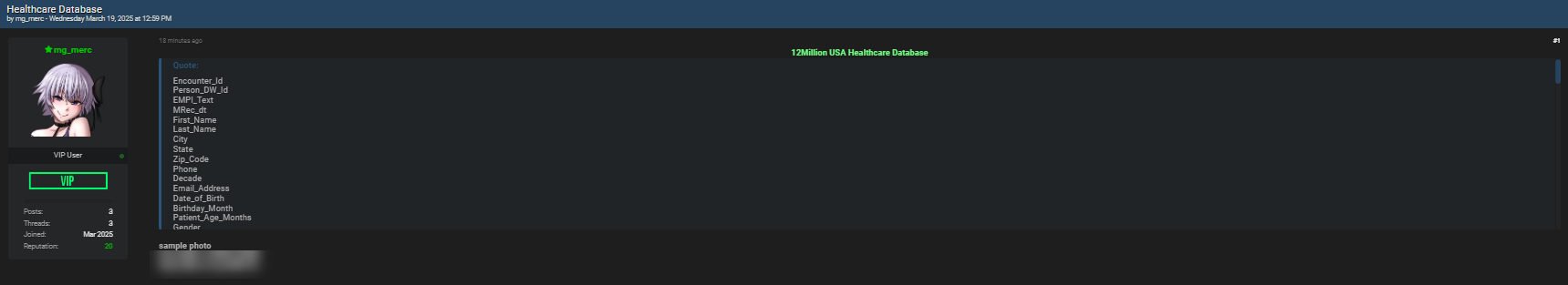 美国不明医疗机构涉嫌数据库泄露-xLab 威胁情报