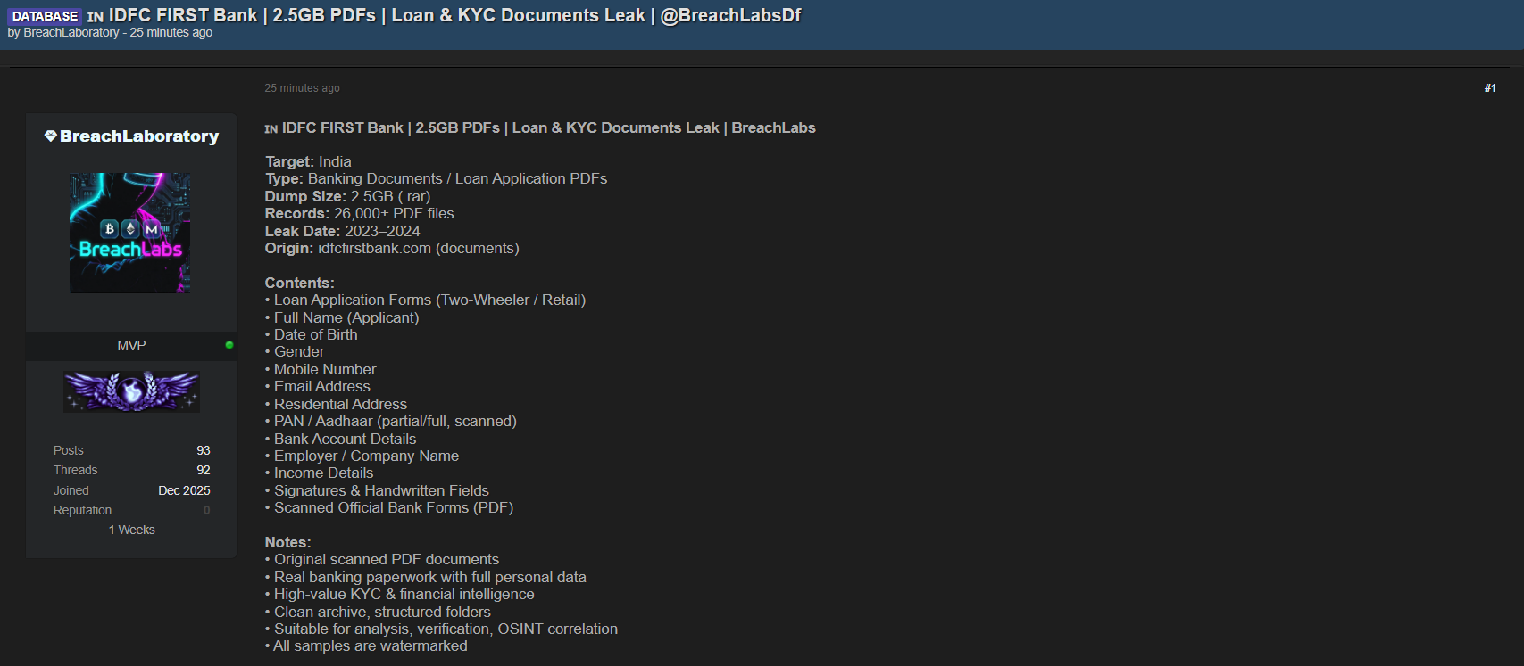 IDFC第一银行有限公司涉嫌出售数据。-xLab 威胁情报