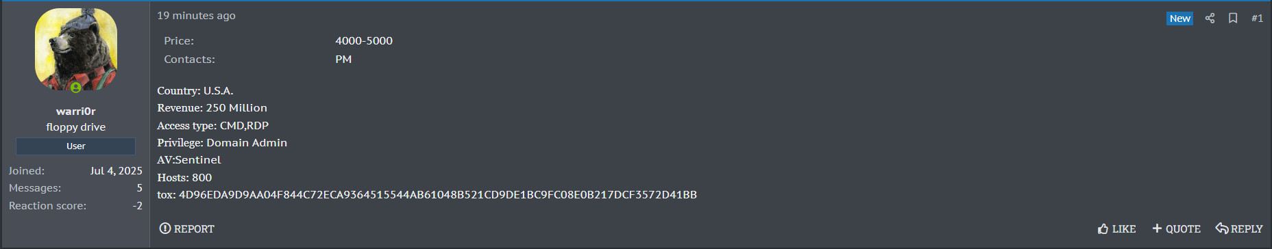 涉嫌向一个身份不明的美国组织出售corp访问权限-xLab 威胁情报