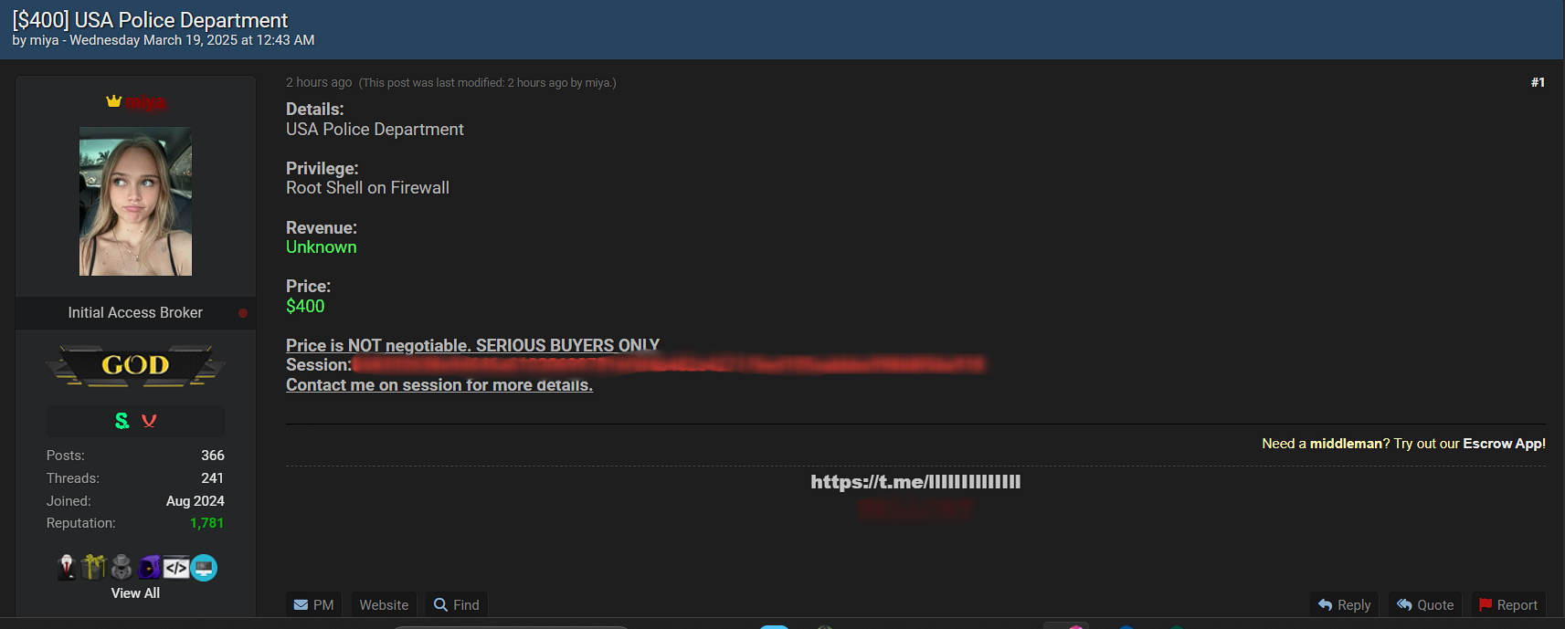 涉嫌向美国警察局出售访问权限-xLab 威胁情报