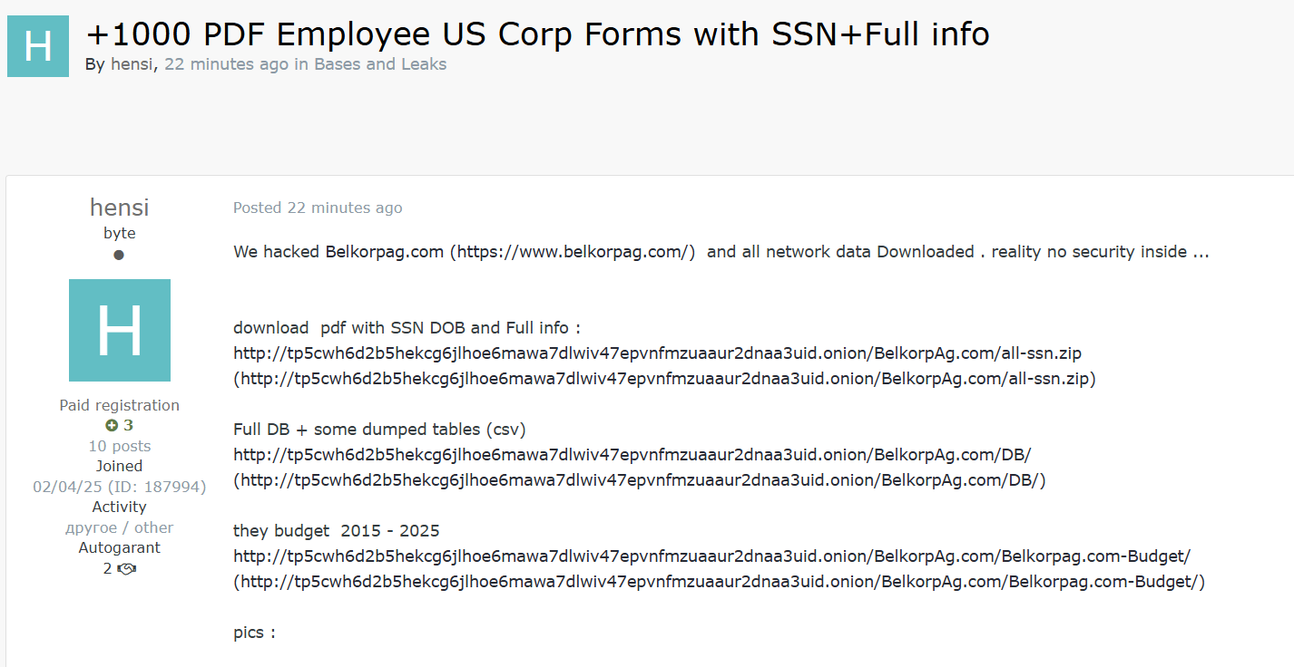 Belkorp Ag涉嫌数据外泄-xLab 威胁情报