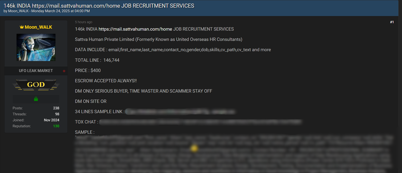 Sattva Human Private Limited涉嫌数据泄漏-xLab 威胁情报
