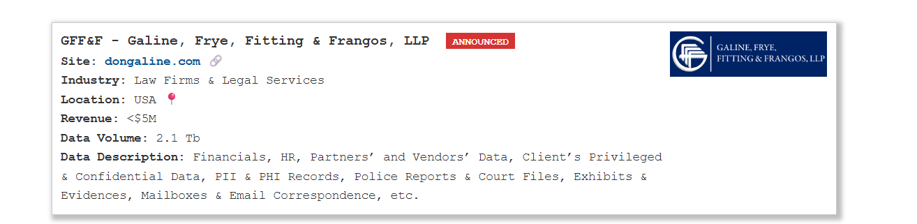 Galine,Frye,Fitting&Frangos,LLP律师事务所成为PEAR勒索软件的受害者-xLab 威胁情报
