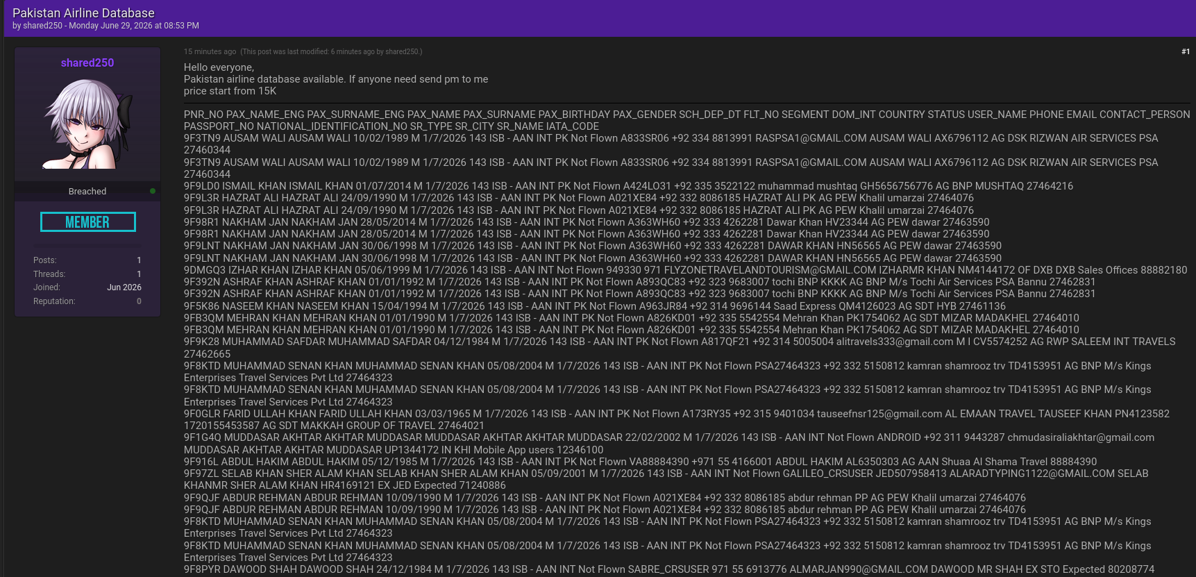 Alleged leak of a database relating to an airline from Pakistan-xLab 威胁情报