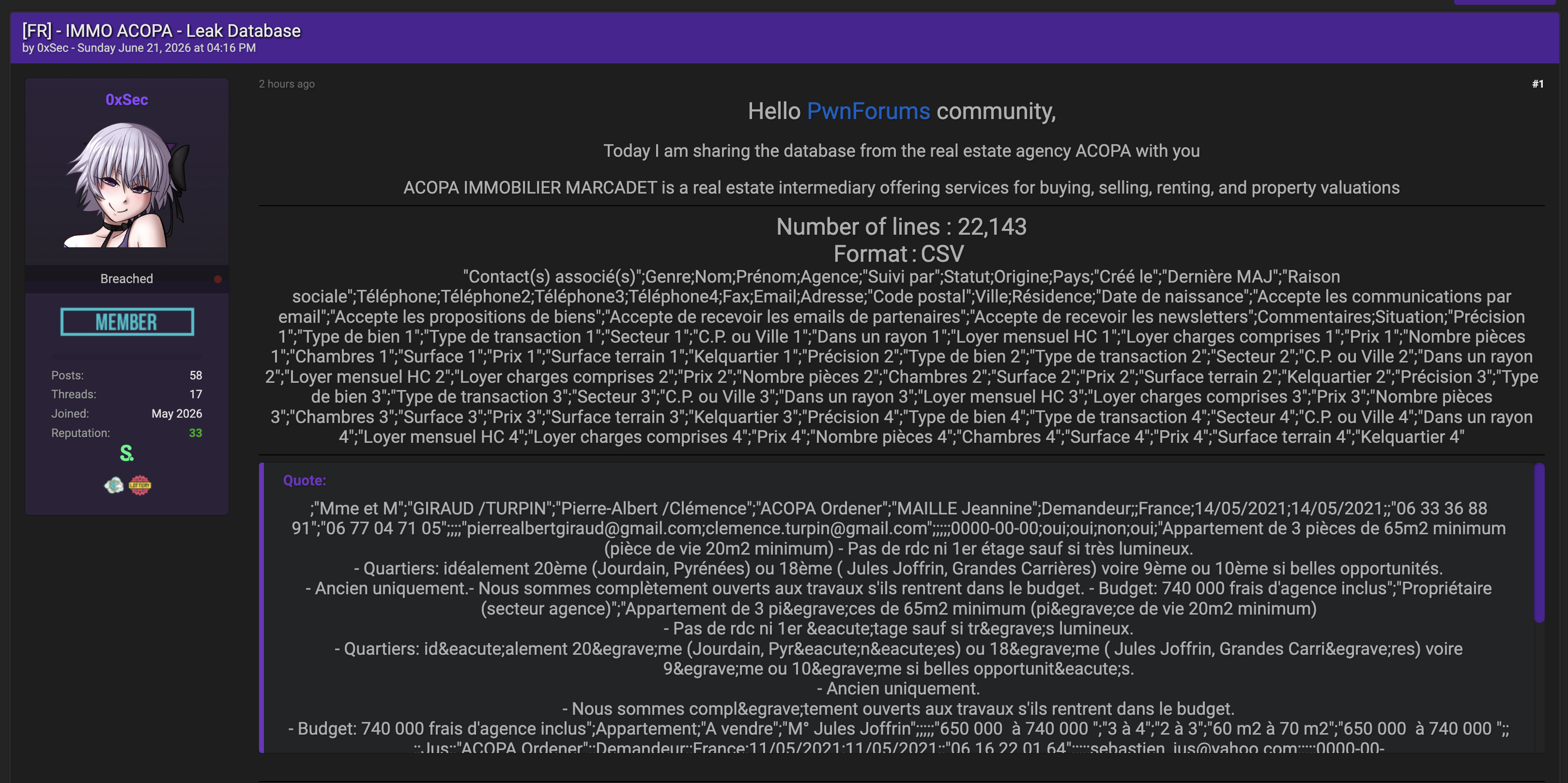 Alleged data breach of ACOPA Immobilier Marcadet-xLab 威胁情报
