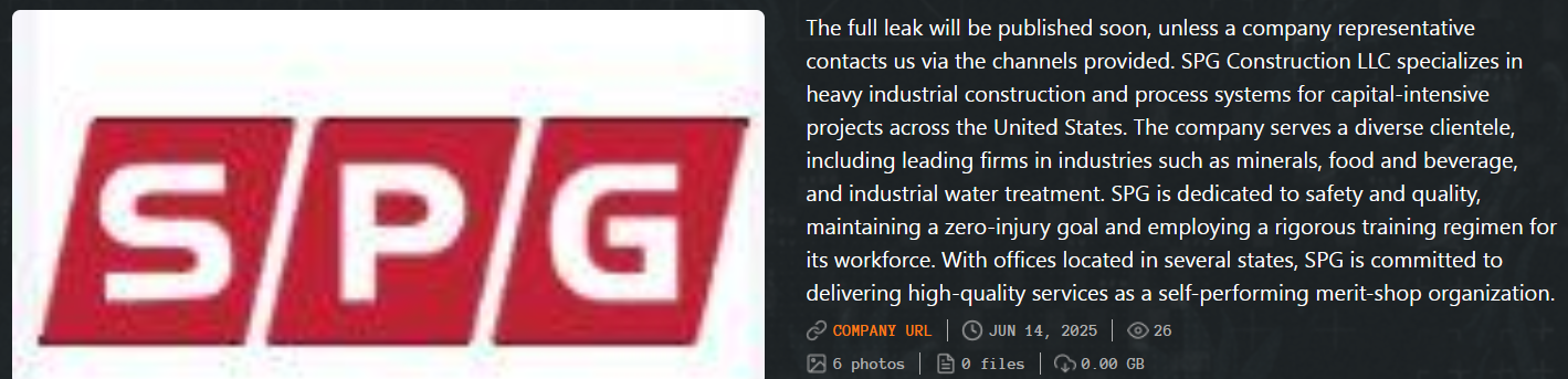 SPG Construction，LLC成为Qilin勒索软件的受害者-xLab 威胁情报