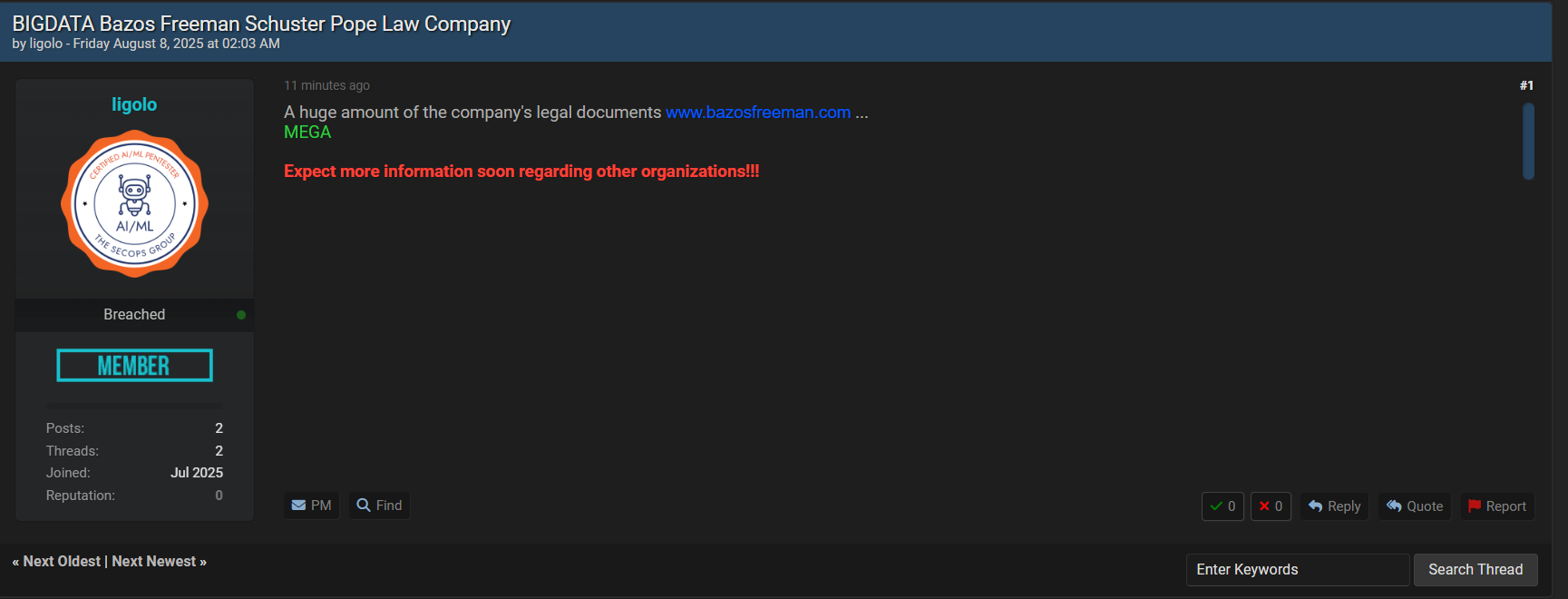 涉嫌出售Bazos，Freeman，Schuster&Pope，LLC的数据。-xLab 威胁情报