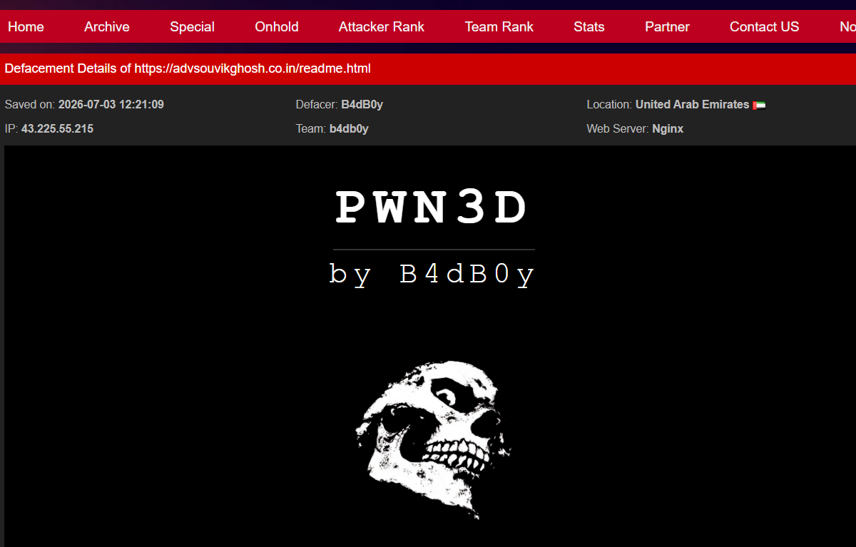 B4dB0y targets the website of Advocate Souvik Ghosh-xLab 威胁情报