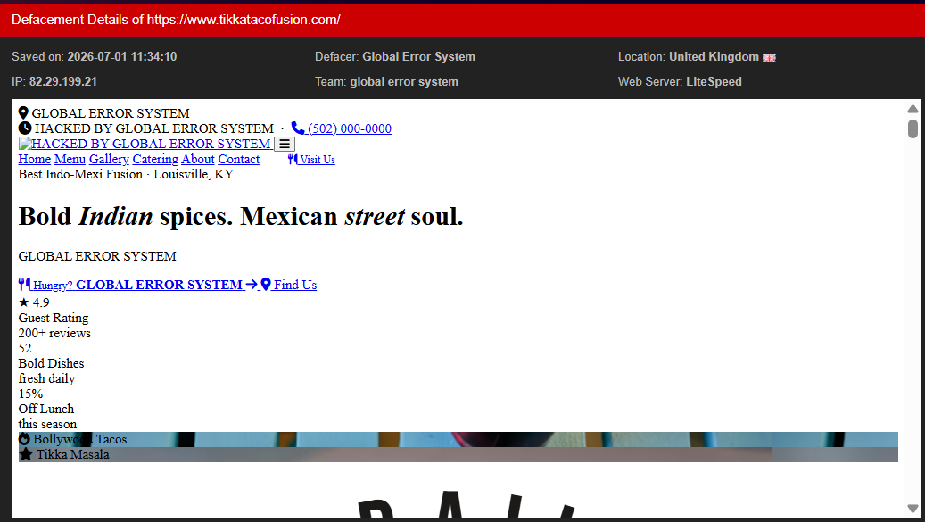 Global error system targets the website of Tikka Taco Fusion-xLab 威胁情报