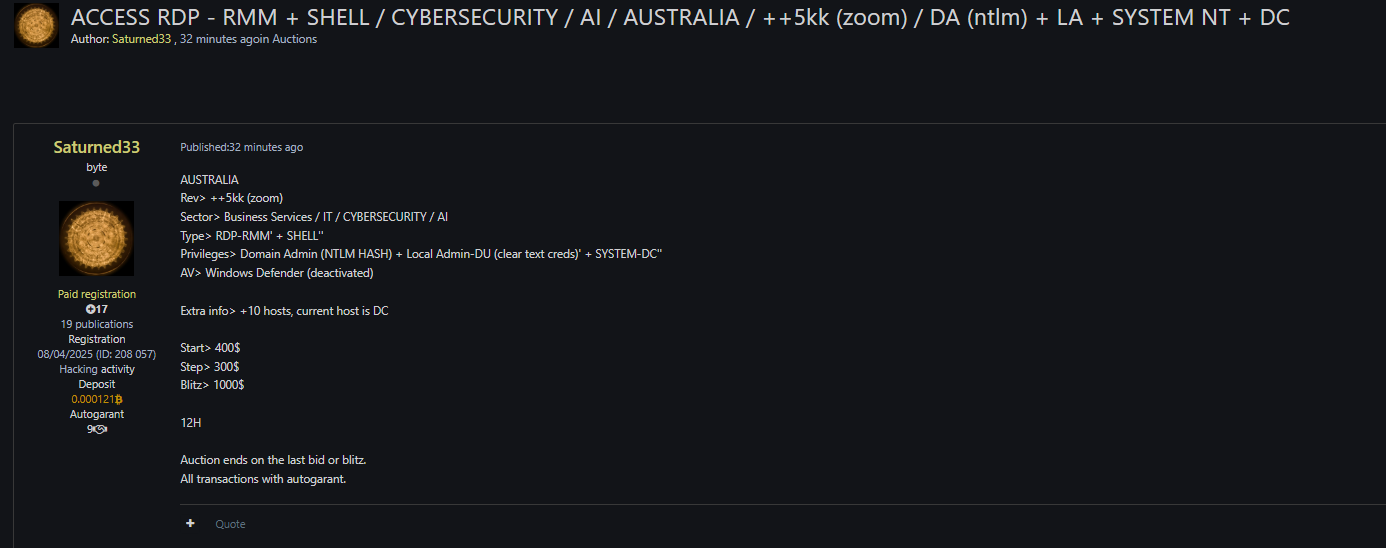 Alleged sale of unauthorized access to an unidentified Australian company-xLab 威胁情报