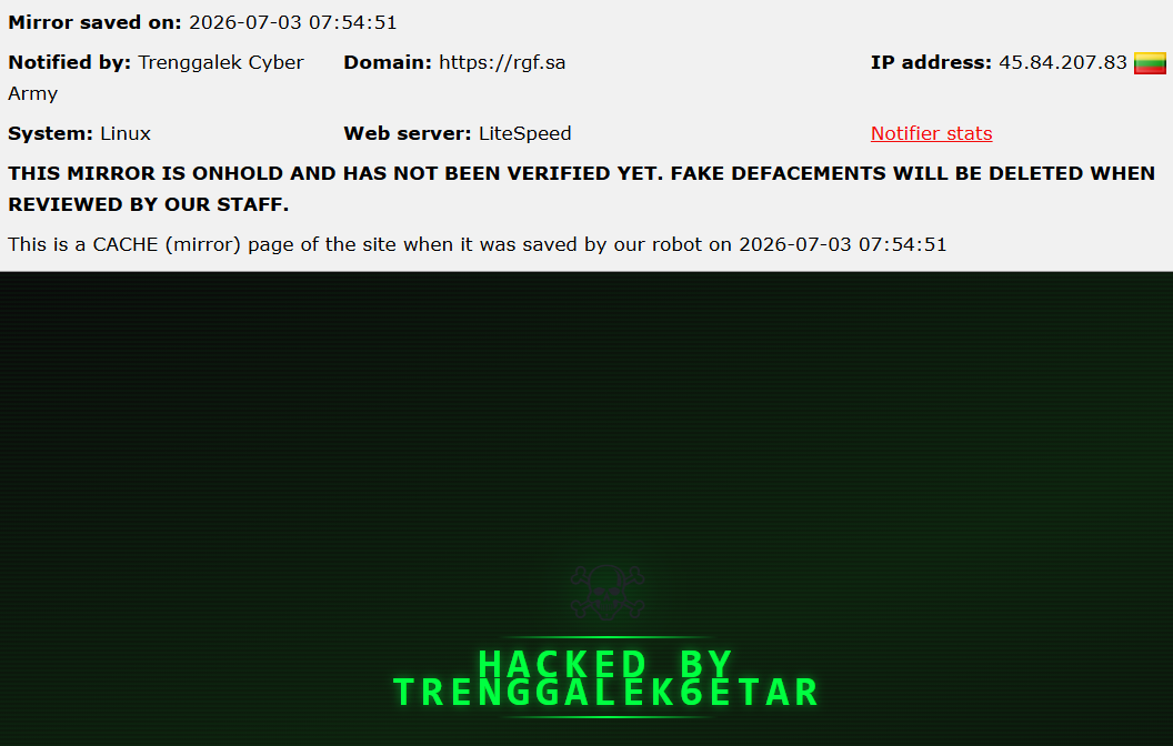 Trenggalek Cyber Army targets the website of Region Glass Factory