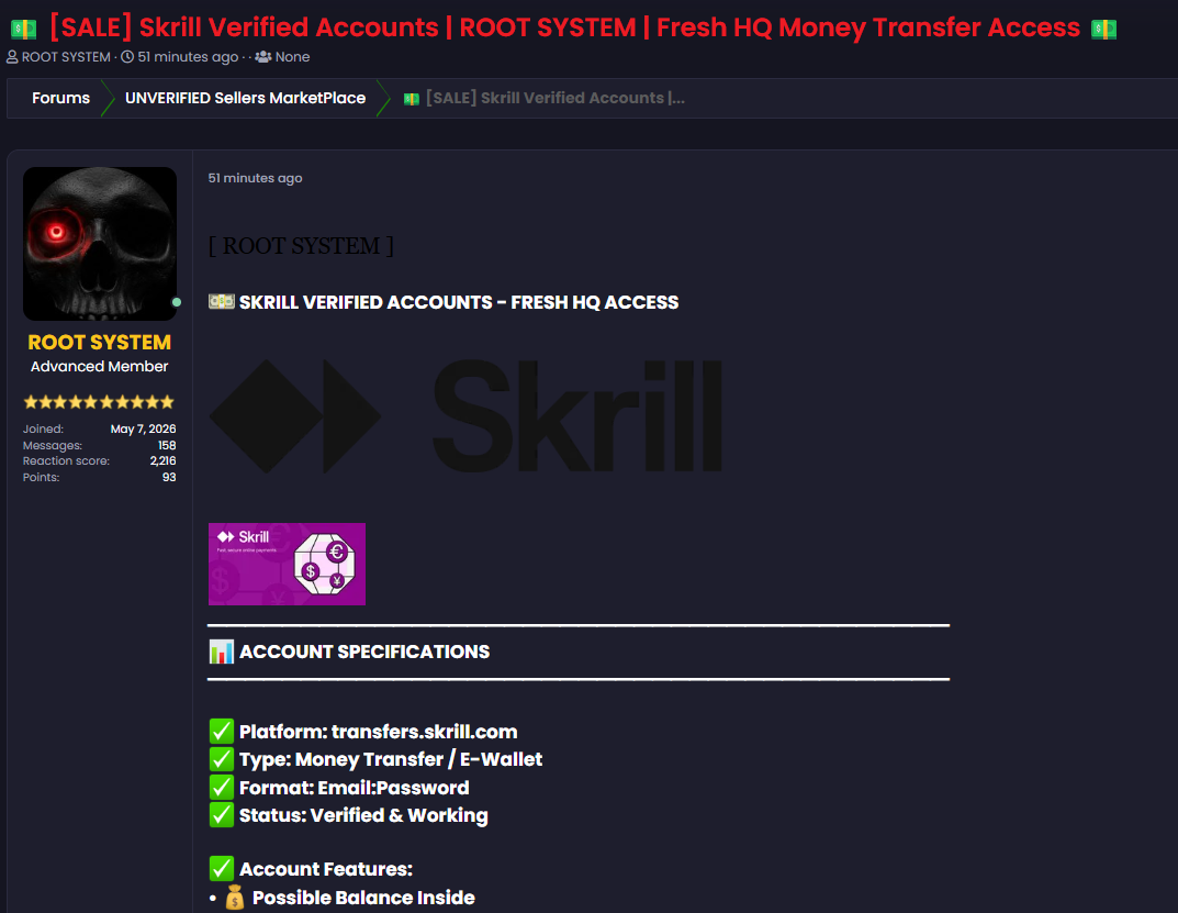 Alleged sale of unauthorized access to Skrill Accounts-xLab 威胁情报
