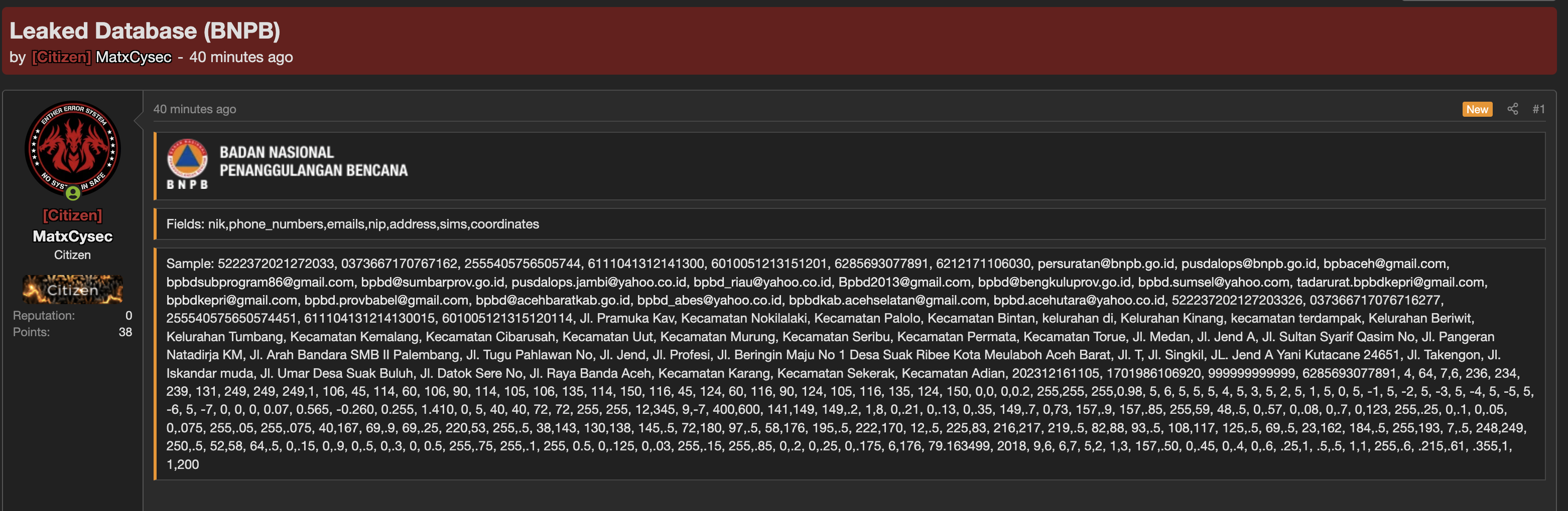 Alleged data breach of Badan Nasional Penanggulangan Bencana-xLab 威胁情报