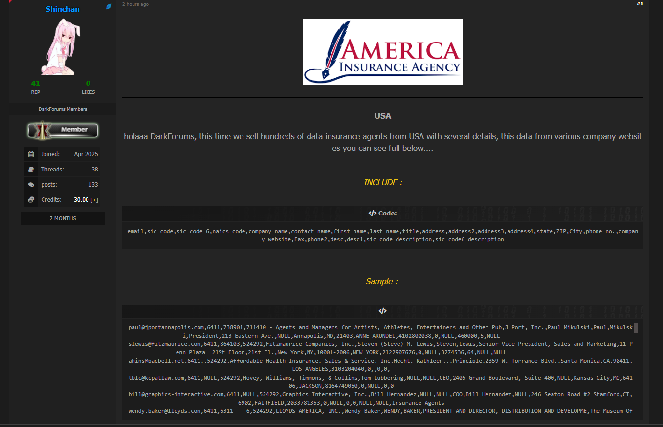 涉嫌从美国出售多个Insurance agents的数据-xLab 威胁情报