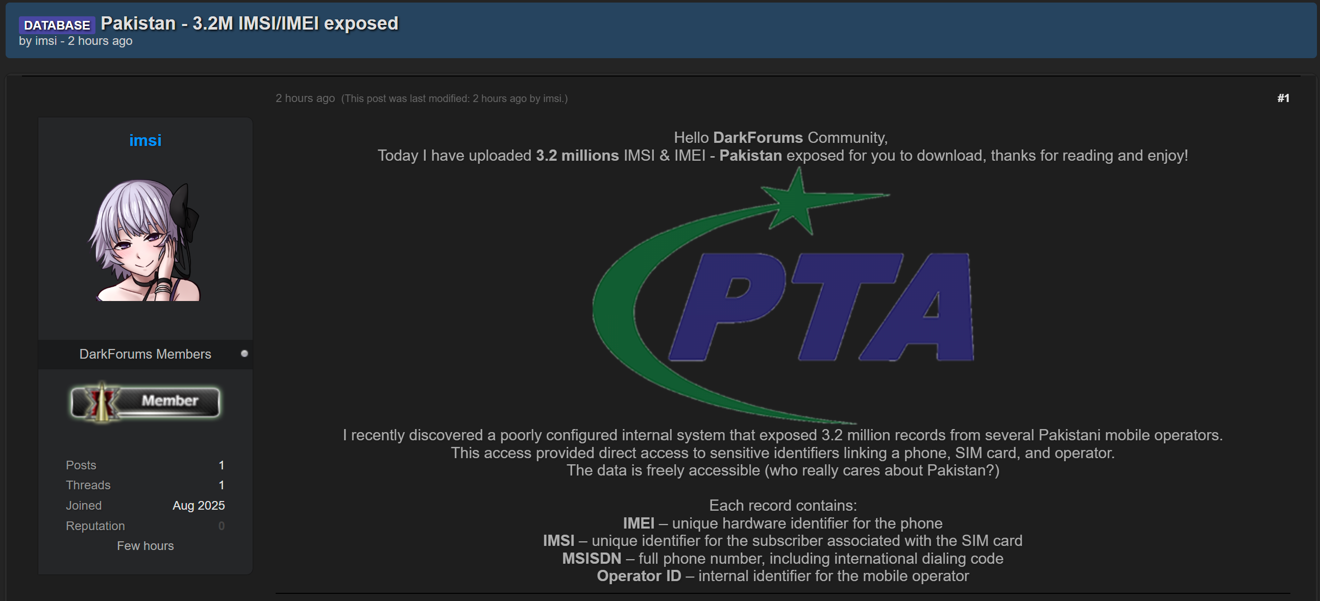 巴基斯坦移动运营商涉嫌数据泄露-xLab 威胁情报