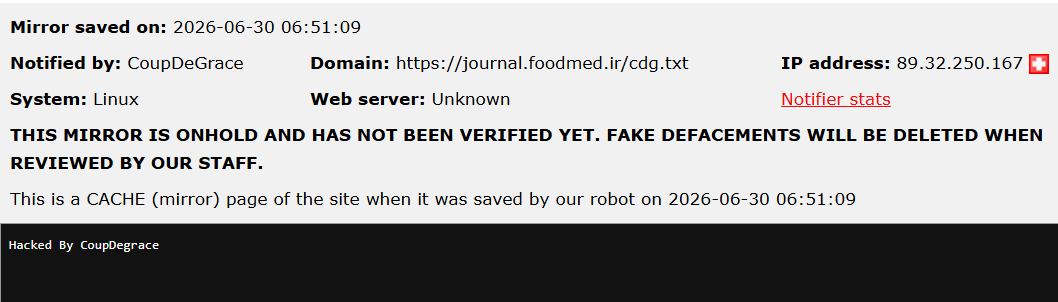 CoupDeGrace targets the website of journal.foodmed.ir-xLab 威胁情报