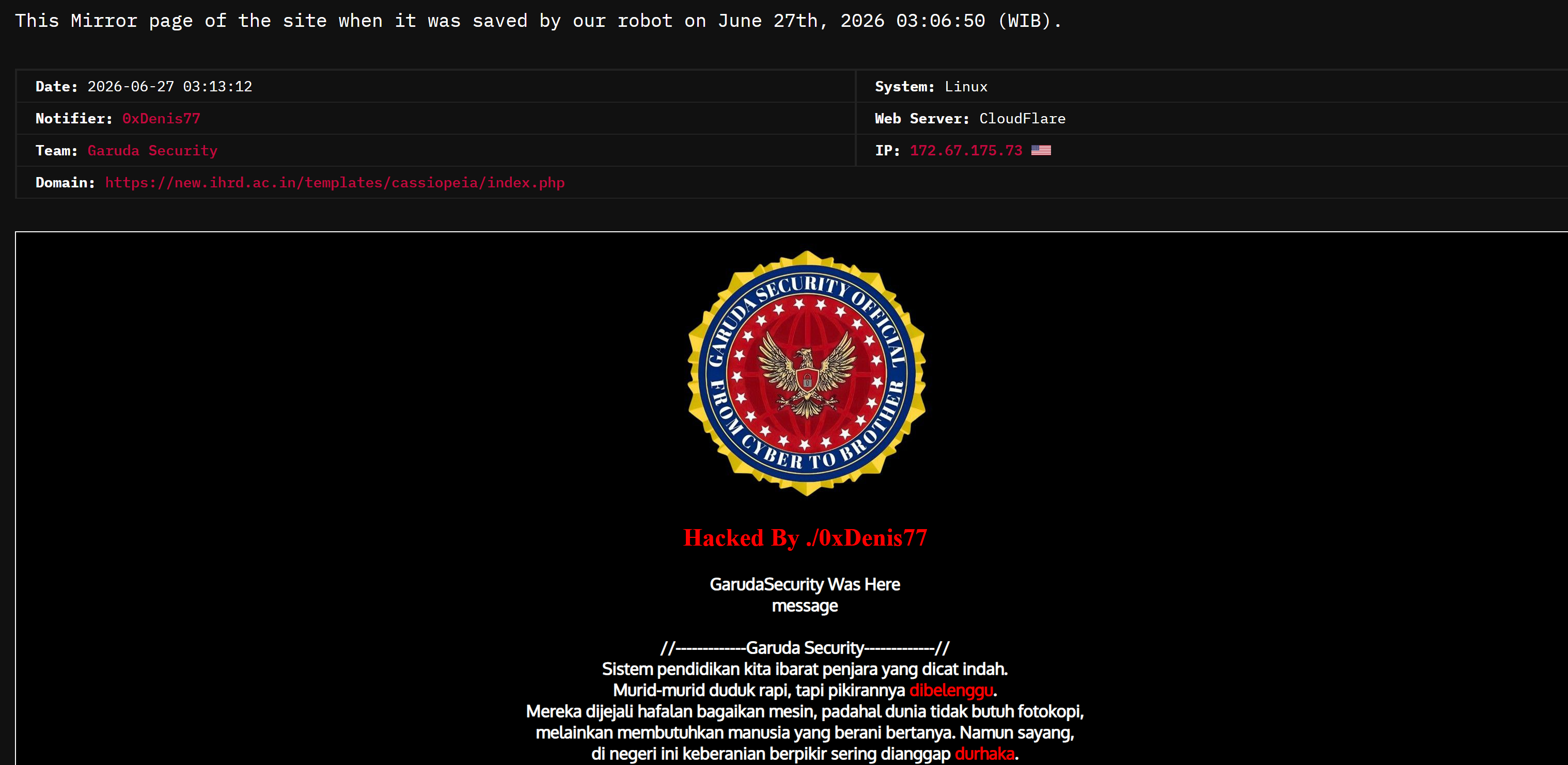 0xDenis77 targets the website of Institute of Human Resources Development (IHRD)-xLab 威胁情报