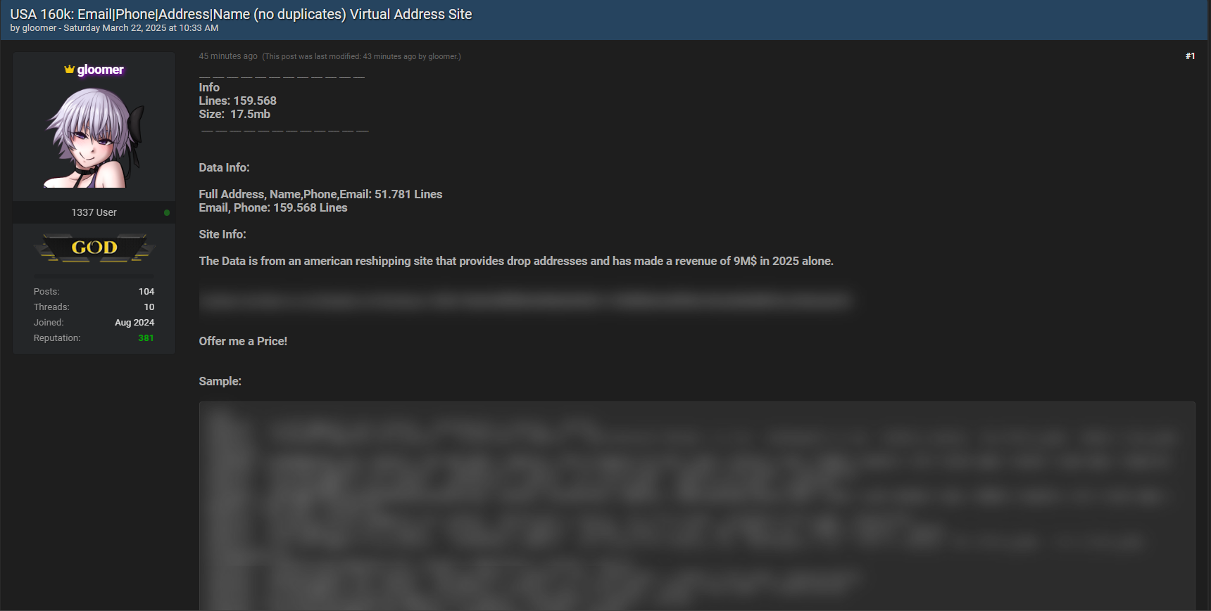 美国一个身份不明的转运网站涉嫌出售数据-xLab 威胁情报