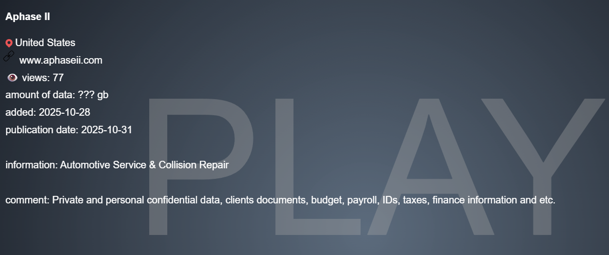 Aphase II inc.成为PLAY勒索软件的受害者-xLab 威胁情报