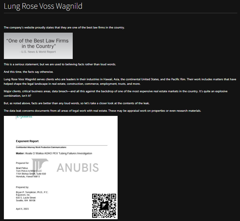 Bays Lung Rose&Voss成为Anubis勒索软件的受害者-xLab 威胁情报