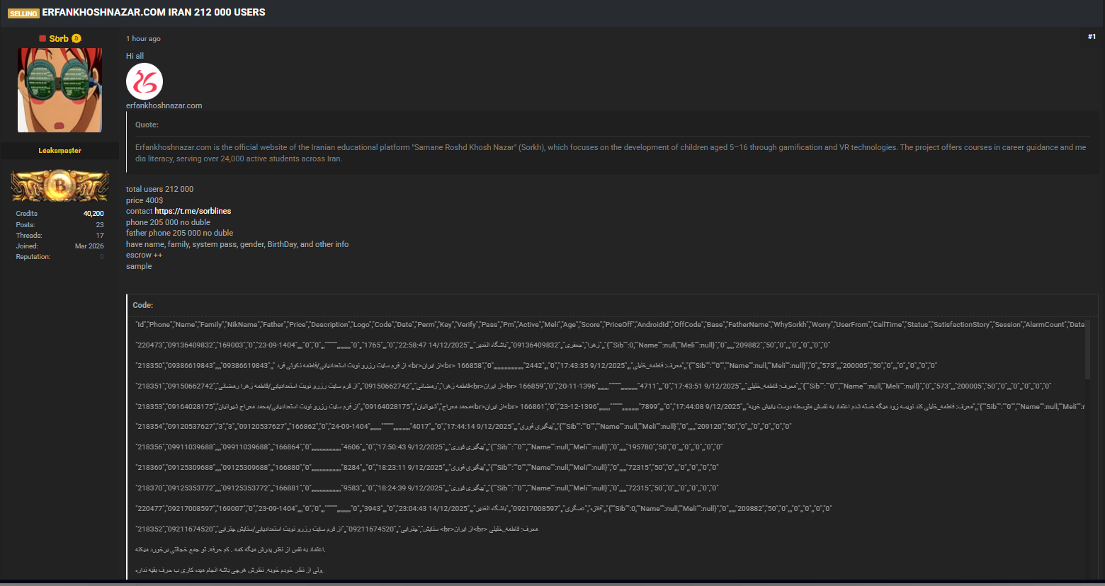 Alleged Data Breach of Erfan Khoshnazar-xLab 威胁情报
