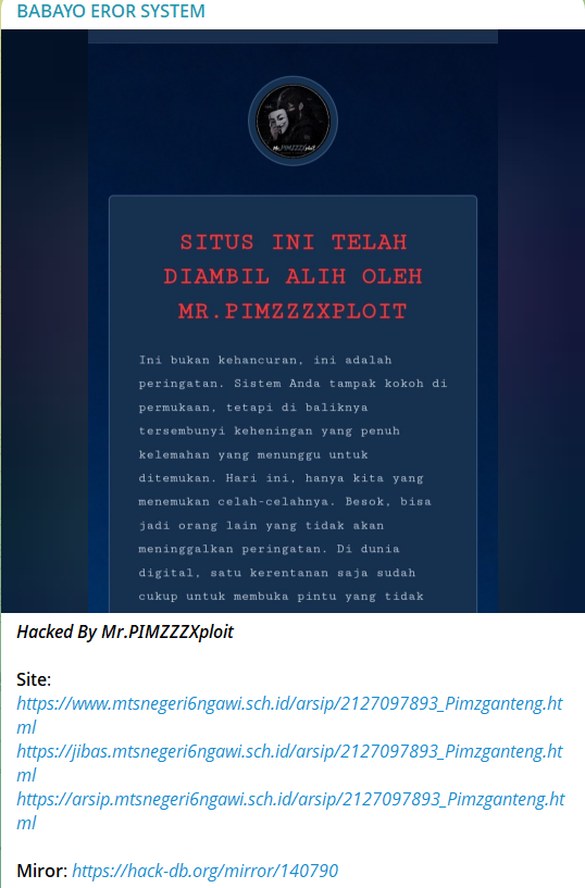 BABAYO EROR SYSTEM targets the website of MTsN 6 Ngawi-xLab 威胁情报