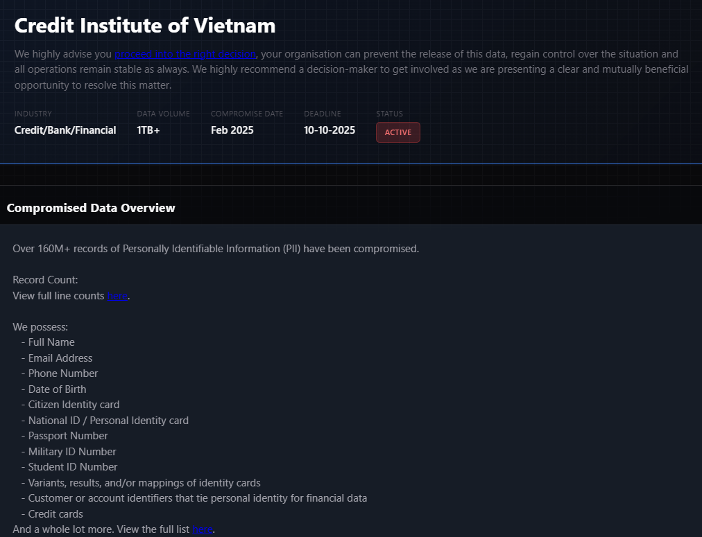 越南信用信息中心涉嫌数据外泄-xLab 威胁情报