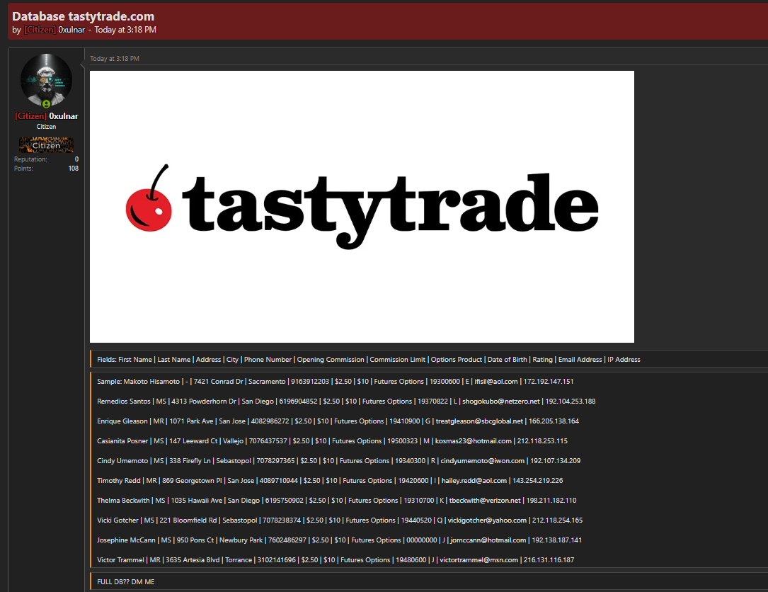 Alleged leak of tastytrade customer database-xLab 威胁情报