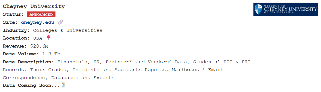 宾夕法尼亚切尼大学成为PEAR勒索软件的受害者-xLab 威胁情报