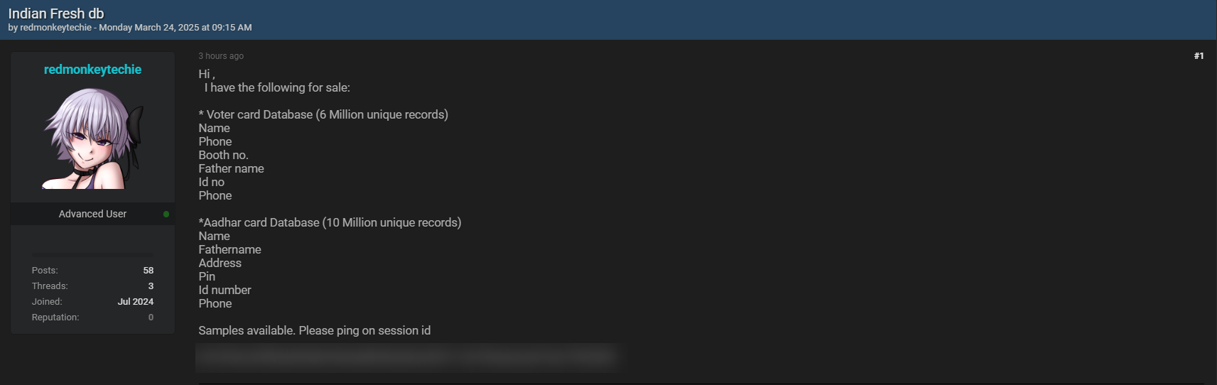 涉嫌出售印度选民证和Aadhar卡数据-xLab 威胁情报