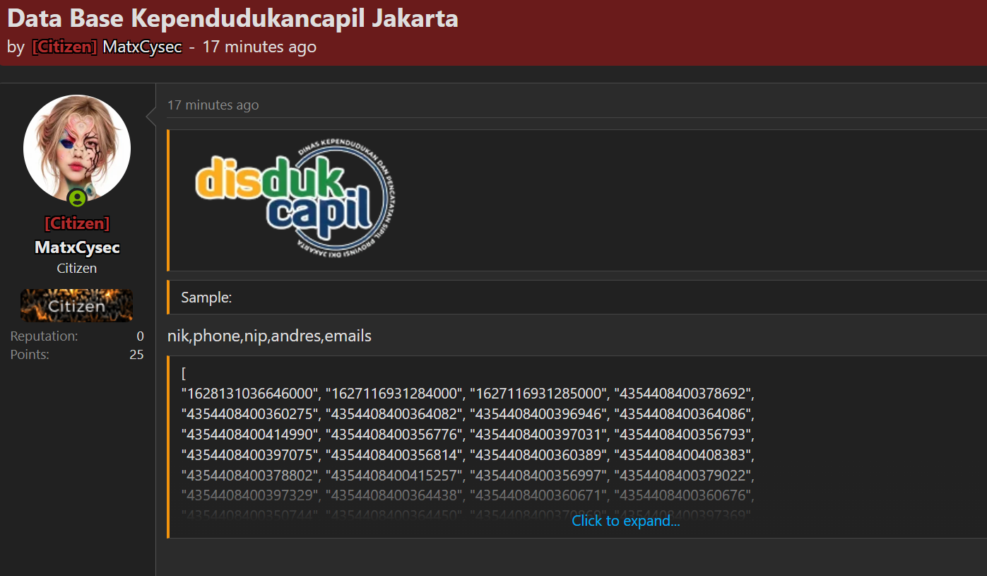Alleged Data Breach of Dinas Kependudukan dan Pencatatan Sipil Provinsi DKI Jakarta-xLab 威胁情报