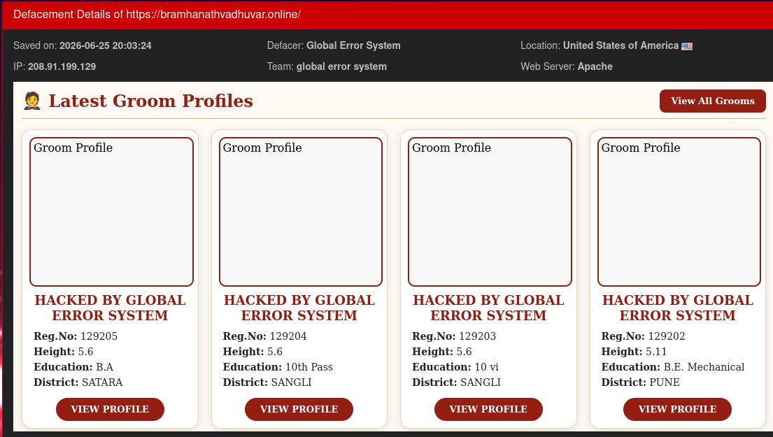Global Error System targets the website of Bramhanath Vadhuvar-xLab 威胁情报