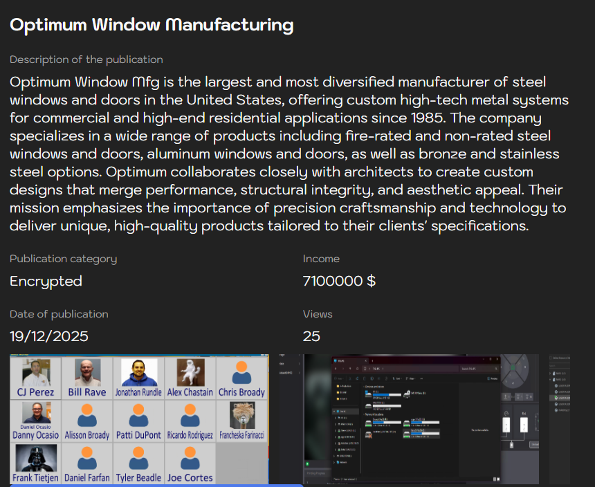 Optimum Window Mfg Corp将victim归咎于Sinobi勒索软件-xLab 威胁情报