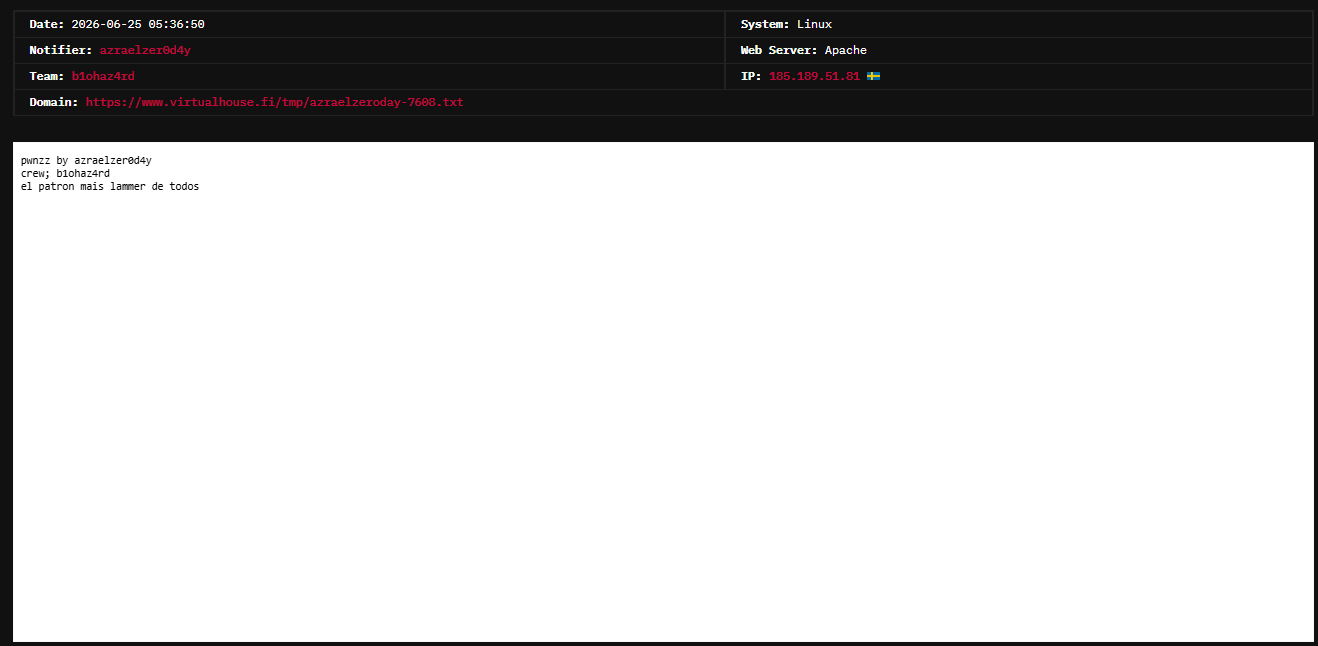 azraelzer0d4y targets the website of VirtualHouse-xLab 威胁情报