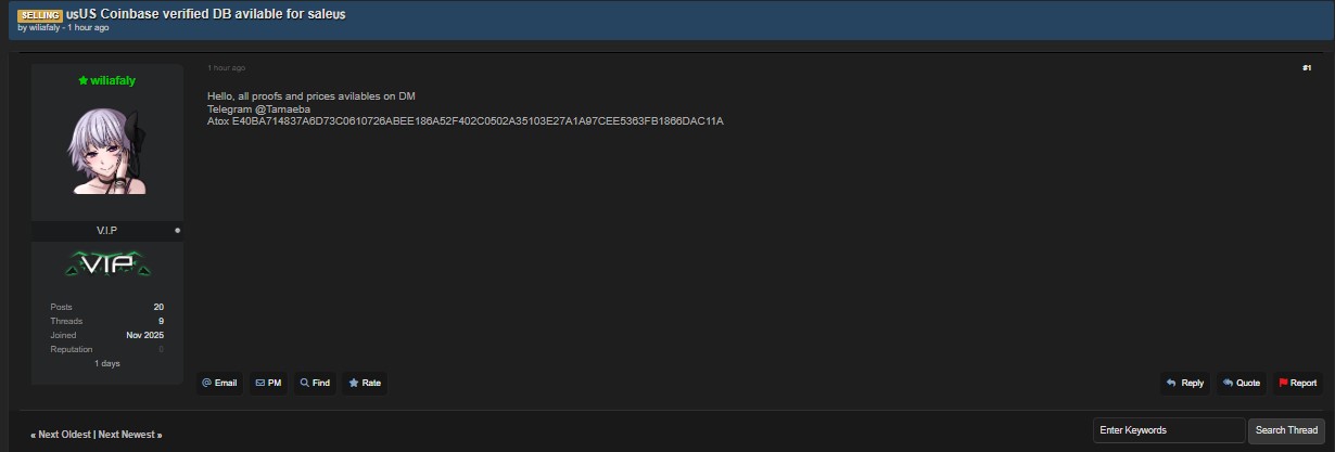 涉嫌在美国出售Coinbase验证数据库-xLab 威胁情报