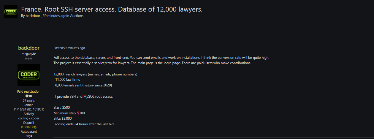 Alleged sale of unauthorized root SSH and MySQL access to an unidentified French legal services platform-xLab 威胁情报