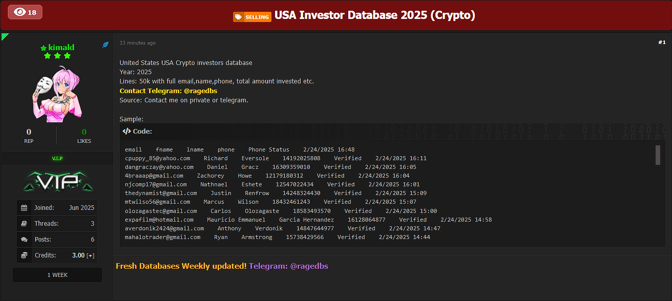 涉嫌出售来自美国的加密货币投资者数据-xLab 威胁情报