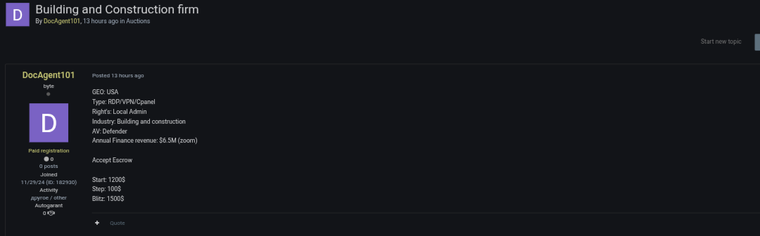 涉嫌出售进入美国的权限。建筑和施工公司-xLab 威胁情报