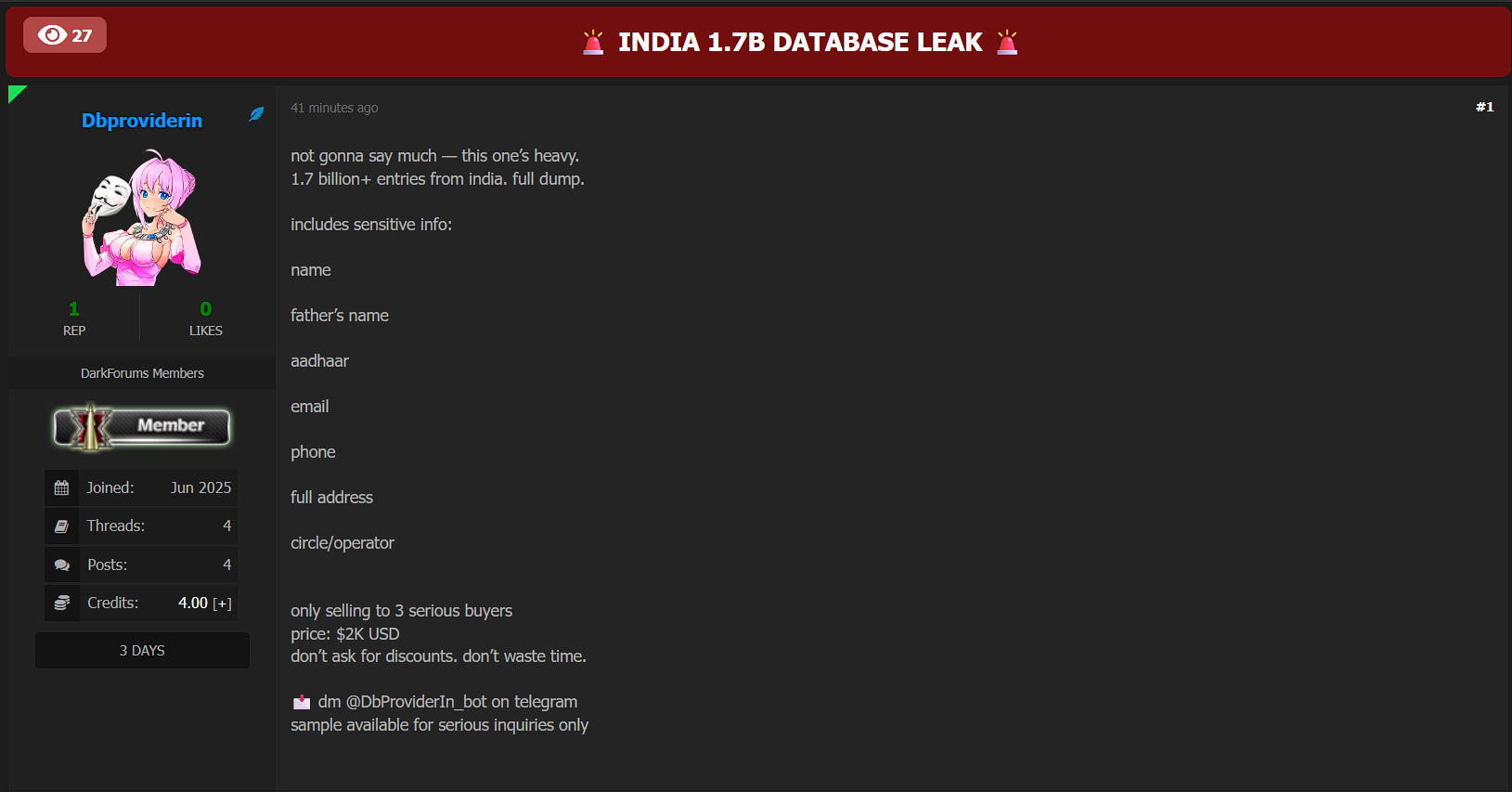 印度一个身份不明的组织涉嫌出售数据库。-xLab 威胁情报
