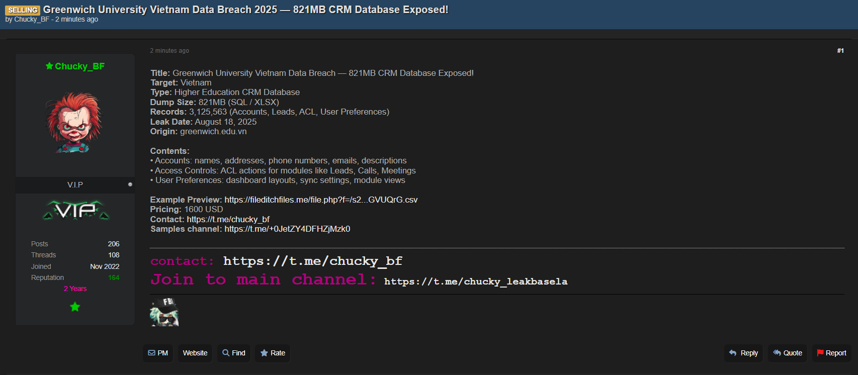 涉嫌出售格林威治大学数据-xLab 威胁情报