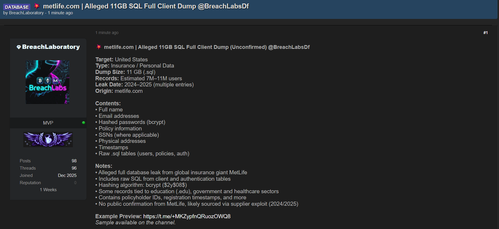 大都会人寿涉嫌出售数据-xLab 威胁情报