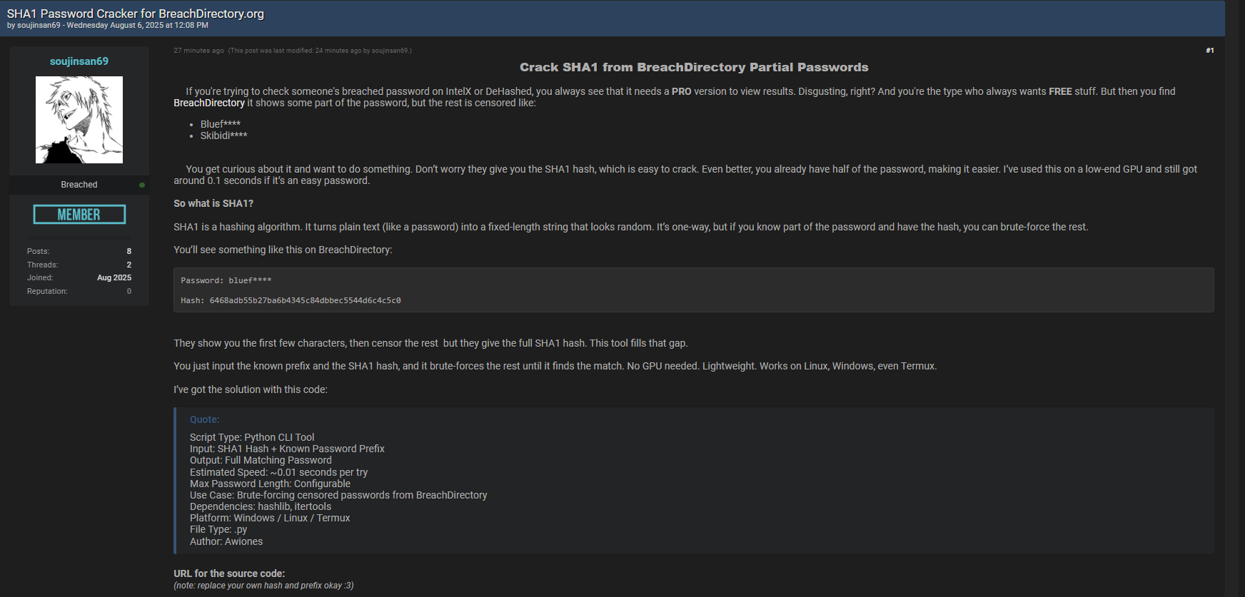 涉嫌为BreachDirectory销售SHA1破解工具-xLab 威胁情报