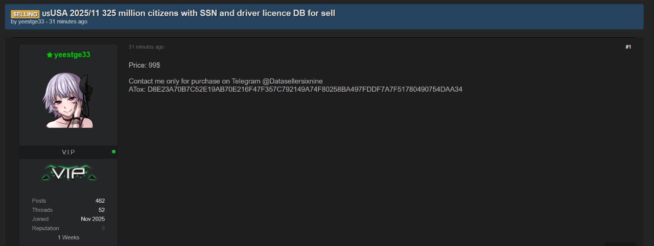 涉嫌出售3.25亿公民SSN和驾照数据库-xLab 威胁情报