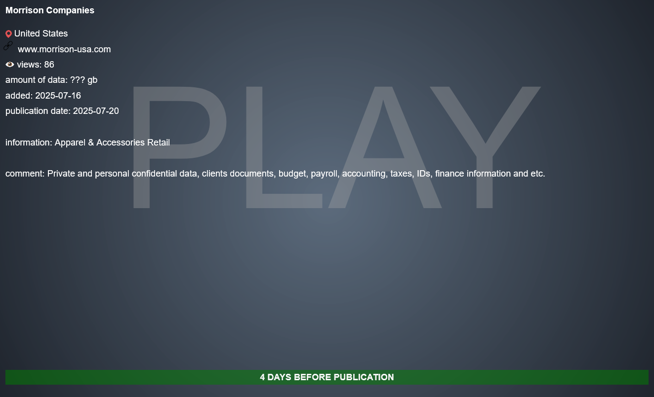 Morrison Companies成为PLAY勒索软件的受害者-xLab 威胁情报