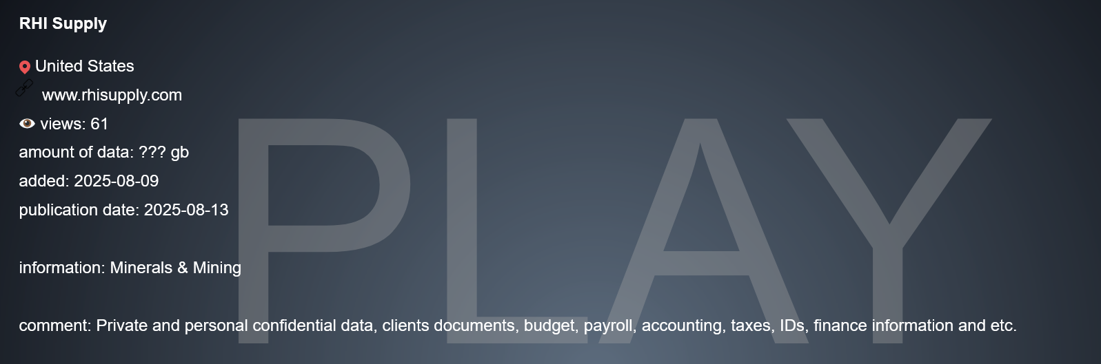 RHI Supply成为PLAY勒索软件的受害者-xLab 威胁情报